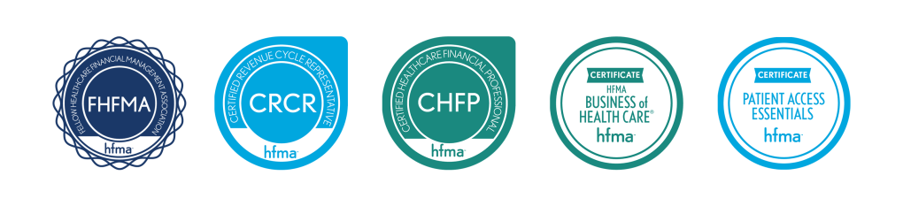 Image of HFMA's healthcare certifications and badges; HFMA logo