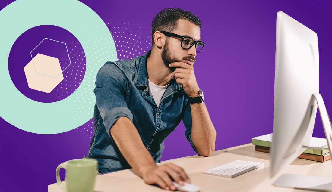 Man viewing apple computer; man viewing monitor; FOMOOH; HFMA Trial Membership