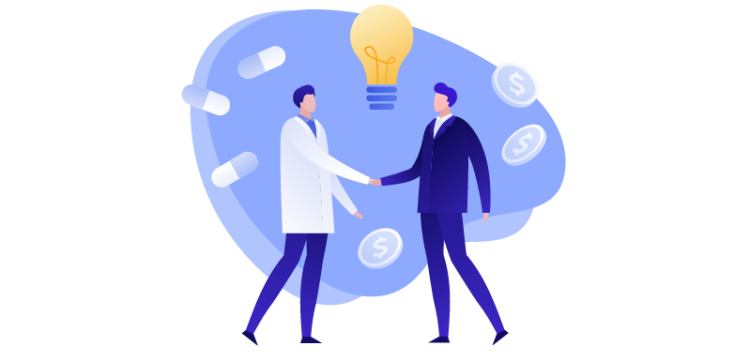 Two men shaking hands illustration; healthcare costs; HFMA Business of Health Care; healthcare education course