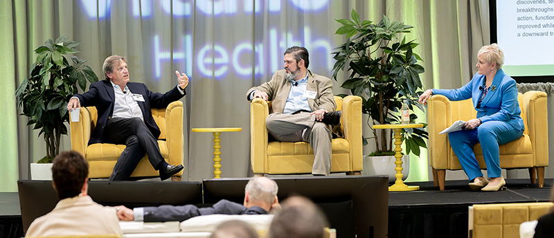 Healthcare industry analyst Paul Keckley (left) talks about the current policy landscape with Demetrios Kousoukas, partner at Team8 Health and director of Paragon Health Institute’s Medicare initiative, and Susan Dentzer, president and CEO of America’s Physician Groups. | Photograph of the 2025 HFMA Vitalic Event on 9/24/25 in Washington DC