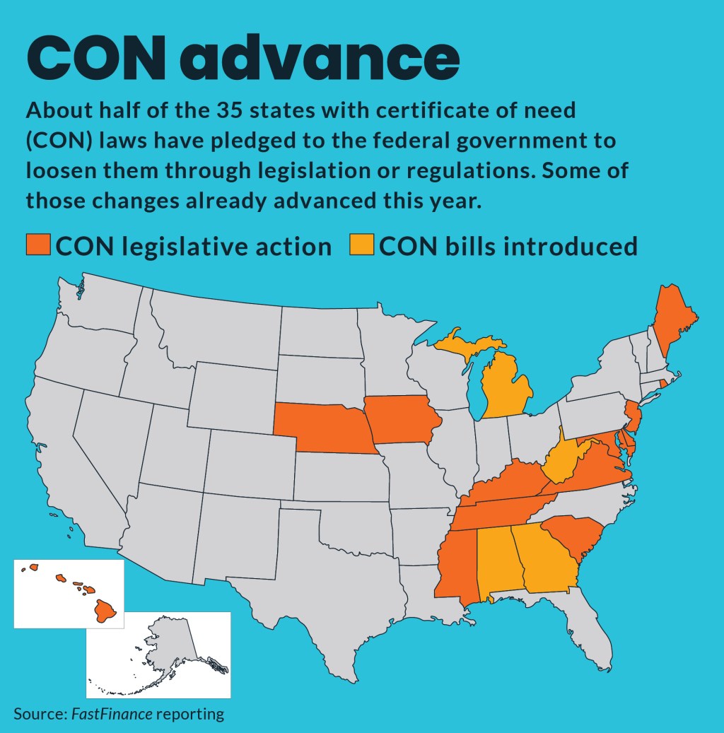 US map showing states that have introduced or acted on bills to change the CON programs.
