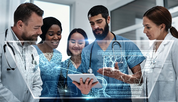 Tablet, team work or doctors with futuristic 3d hologram overlay for body anatomy or dna in hospital clinic. Data analysis, group or medical healthcare workers with innovation or digital development | A New Approach to Drive Best in Class Revenue Cycle Performance | Innovaccer