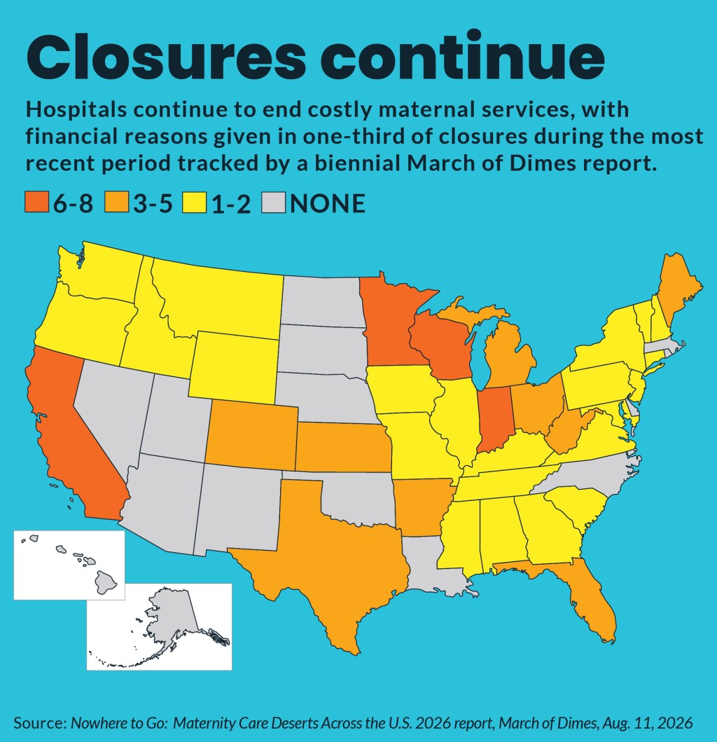 US map showing the range of hospital labor and delivery closures from 2024-early 2026.